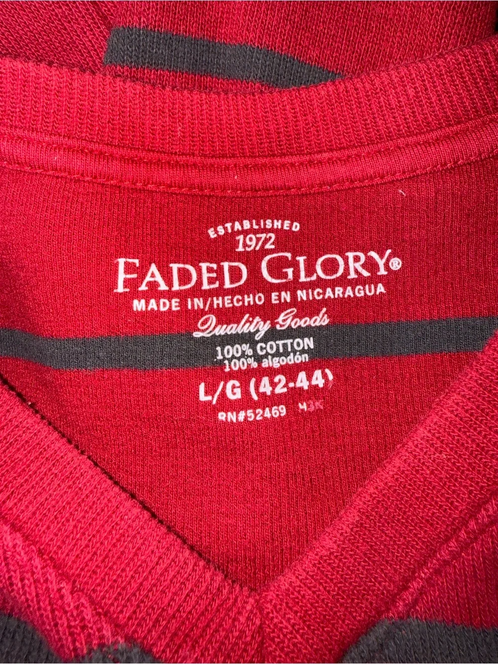 2267-Faded Glory Red V-Neck Sweater with Dark Green Stripes